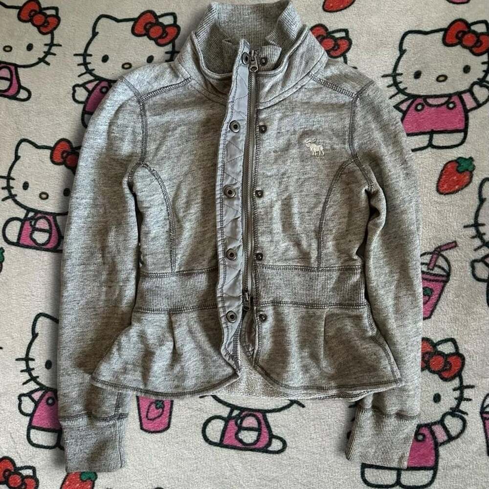 Gray Abercrombie & Fitch zip-up jacket with button & zipper details with rufflin - Picture 2 of 8